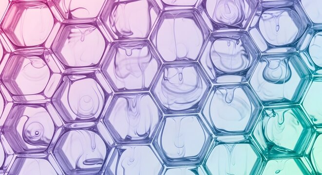 Abstract close-up of transparent hexagonal pattern with soft pink, purple, and green gradient lighting. - Powered by Adobe