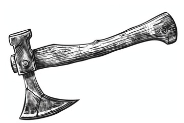 Engraved axe with hammer in hand. Isolated on white background, woodworking use