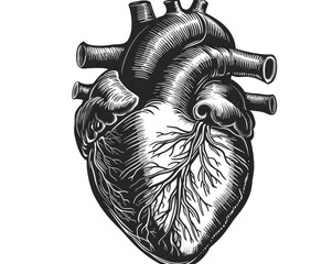Engraved heart anatomical study, on white, used for medical illustration or print