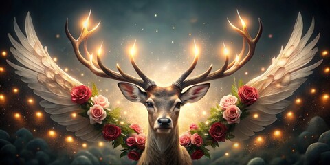 Majestic Deer with Angelic Wings and Glowing Antlers Adorned by a Wreath of Roses in a Mystical Setting
