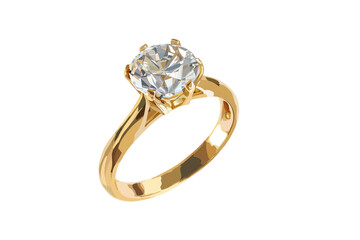 An exquisite gold engagement ring featuring a brilliantcut diamond, isolated on a transparent background, a timeless symbol of enduring affection and partnership