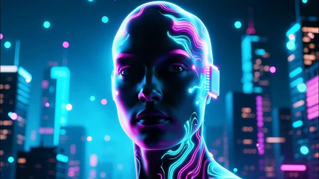Futuristic double exposure of neon-lit human head with microchip integrated into brain, digital cityscape background