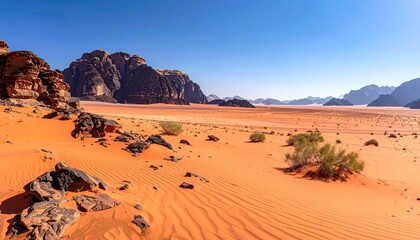Expansive desert panorama showcasing vibrant orange sand dunes, scattered rocks, and hardy desert vegetation under a clear, azure sky; distant mountains form a dramatic backdrop
