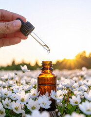 Amber glass bottle of Alaskan remedy floral, glass dropper pipette  drop essence of Sticky Starflower - Trientalis europe, Florais do Alaska