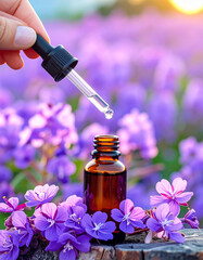 Amber glass bottle of Alaskan remedy floral, with a glass dropper pipette dropping a drop of River Beauty - Epilobium latifolium field