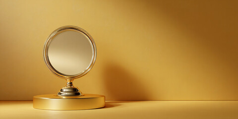 Golden round mirror on pedestal stand placed on yellow minimal background - AI generated