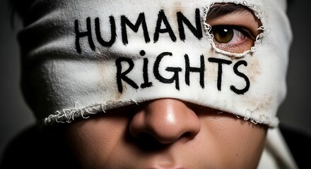 Closeup of a persons eye peeking through a blindfold with the words human rights written on it, symbolizing oppression