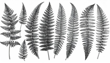 Fern fronds arranged on white backdrop for botanical designs or illustrations use