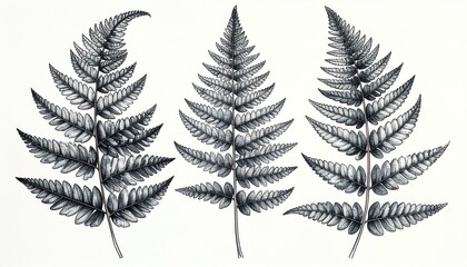 Ferns in a botanical illustration, on white, used for print, design, education