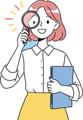 Smiling woman holding magnifying glass and folder, concept of analysis, inspection, research, investigation, data review or attention to detail in modern illustration