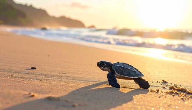 Baby sea turtle crawling toward ocean at sunrise on sandy beach with waves, rocks, and lush greenery—evoking hope, instinct, and the quiet choreography of beginnings, survival, and natural rhythm.