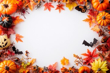 Blank Halloween card background decorated with pumpkins and autumn leaves for festive celebration
