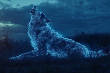 Obraz premium Massive glowing wolf howling into the night under a starry sky, surrounded by trees and foliage