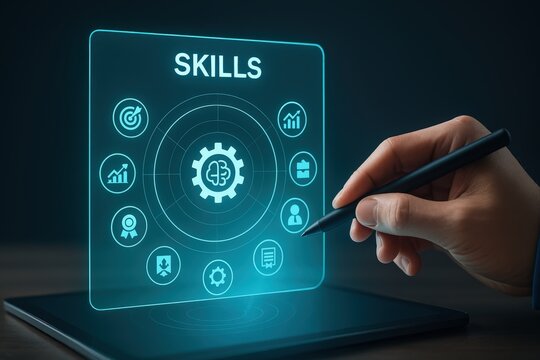 The image displays a person's hand using a stylus to interact with a digital interface, showcasing a glowing panel that highlights various skills and related icons.