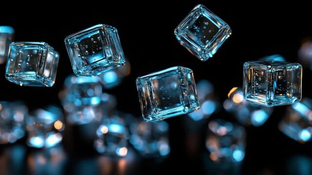 Sparkling, translucent ice cubes float in the dark, illuminated by ethereal blue light.