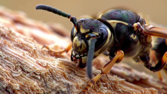 Yellowjacket wasp exploring weathered wood with vibrant colors and sharp detail