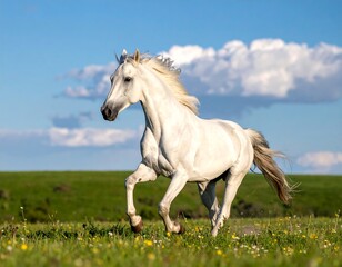 Majestic white horse galloping in a field under a vibrant sky