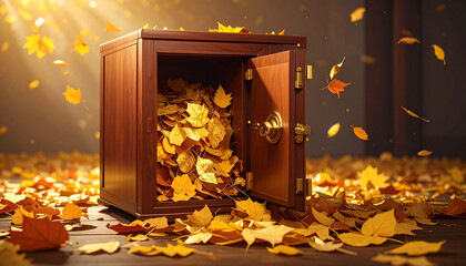 Financial Surrealism: Golden Autumn Leaves Spilling from Mahogany Safe Deposit Box