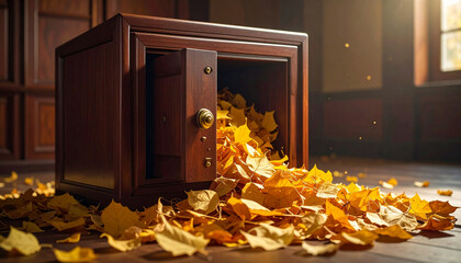 Financial Surrealism: Golden Autumn Leaves Spilling from Mahogany Safe Deposit Box