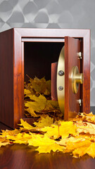 Financial Surrealism: Golden Autumn Leaves Spilling from Mahogany Safe Deposit Box