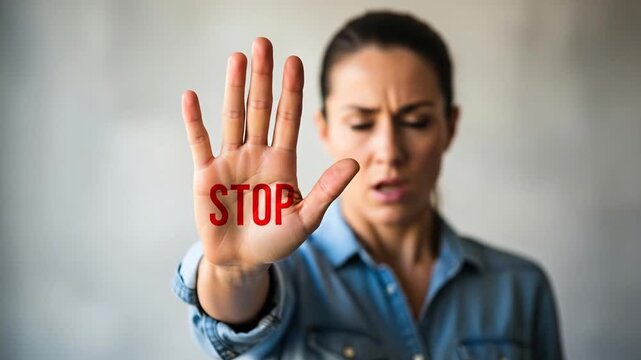 Confident woman signals stop motion, asserting authority with powerful gesture