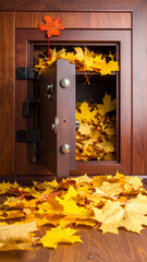 Financial Surrealism: Golden Autumn Leaves Spilling from Mahogany Safe Deposit Box