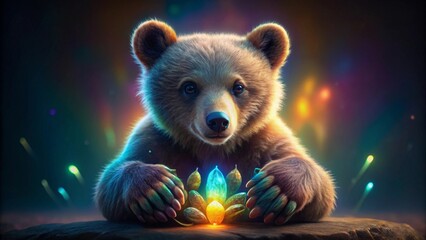 A Young Bear Cub Carefully Guards a Glowing, Mystical Crystal Formation in a Dark, Enchanting Forest Setting