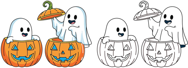 Obraz premium Cute Ghost Peeking Out of Jack-o'-Lantern Pumpkin for Halloween Celebration