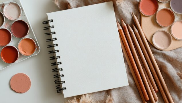Blank notebook, paint pots, and pencils on a light surface