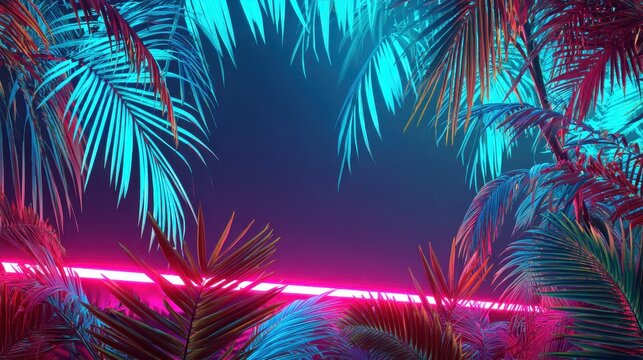 80s Miami Night Party Poster Design with Neon Palm Leaves Tropical Background