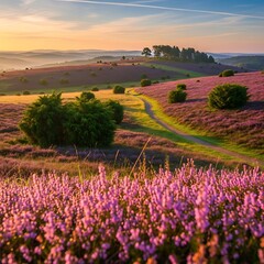 Fototapeta premium Beautiful Heather Fields at Sunrise.