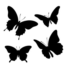 Black silhouettes of four butterflies in different flying and resting positions