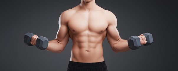Athletic male with muscular physique is lifting dumbbells in a fitness studio, showcasing strength and dedication to physical fitness and healthy lifestyle choices