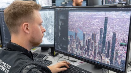 Focused professional working on computer graphic image of buildings
