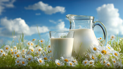 Glass of milk and pitcher in daisy field