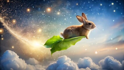 A whimsical bunny enjoying a magical flight on a giant leaf, soaring through a dreamy celestial landscape of clouds and starlight.