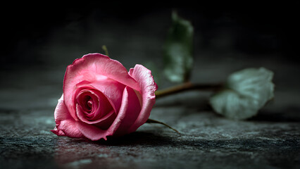 A single pink rose lying on a dark surface background