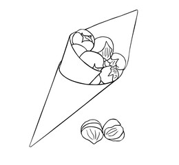 Unpeeled chestnuts in their skins in a paper cone cup line art