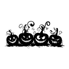 Silhouette of multiple Halloween pumpkins jack o lanterns with scary faces and curly stems isolated on white background