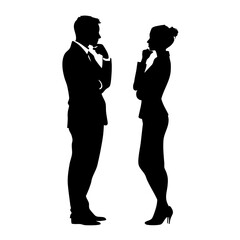 Silhouette of business man and woman standing and thinking isolated on white background