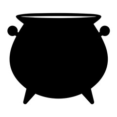 Black silhouette of witch cauldron with rounded body and three legs isolated on transparent background