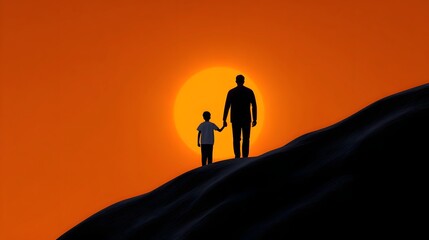 A touching silhouette of a father and son standing together on a hilltop, watching the vibrant orange sunset.