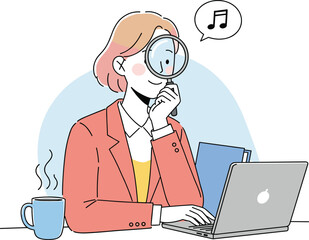 Woman working on laptop with magnifying glass, listening to music, analyzing data, searching information, coffee break, productivity and focus at modern digital workspace illustration