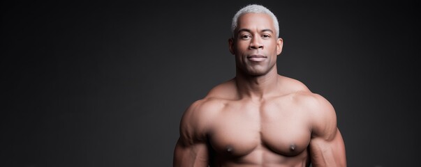 African American man with a muscular physique stands confidently against a dark background, showcasing strength and determination in a powerful portrait emphasizing fitness and health