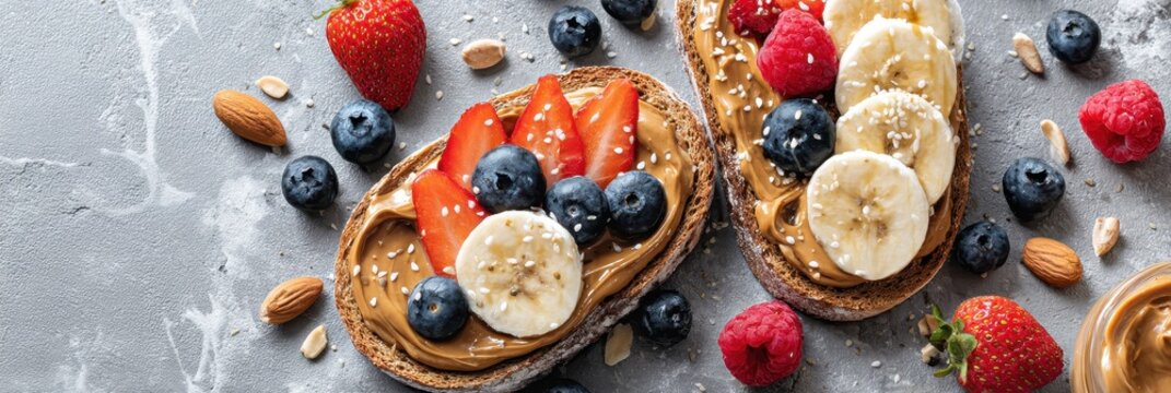 Almond Butter Toast. Healthy Breakfast or Snack with Vegan Whole Grain Bread, Nuts and Fruit