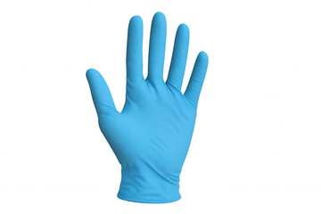 Obraz premium Hand wearing blue medical examination glove, symbolizing healthcare, protection and hygiene