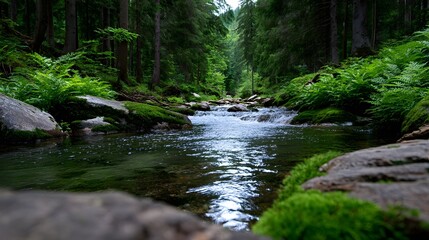 Obraz premium A tranquil forest stream winding its way through a lush, verdant landscape filled with mossy rocks, ferns, and towering trees