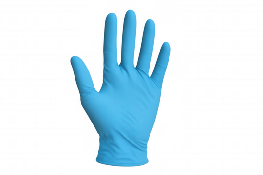 Hand wearing blue medical examination glove, symbolizing healthcare, protection and hygiene