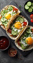 Three breakfast tacos with fried eggs, cucumber, tomato, and feta cheese on a dark slate board