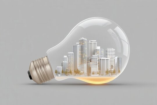 Cityscape silhouette inside a lightbulb, an idea for sustainability